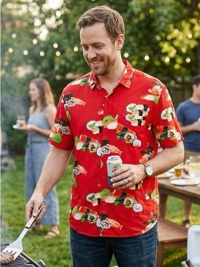 Forever 21 Red Short-Sleeve Sushi Novelty Print Button-Down Shirt 3772